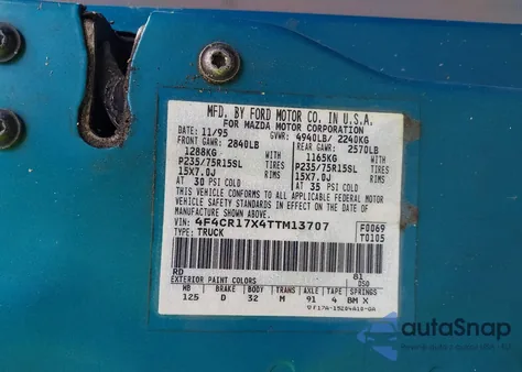 1996 Mazda B4000 Cab Plus из США, поврежденный, VIN 4F4CR17X4TTM13707